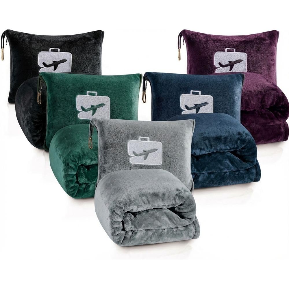 Coperta e cuscino da viaggio Comfort Fly – Coperta 2 in 1 in micro peluche con custodia per il trasporto (101,6 x 177,8 cm), Verde, 40" x 70", Moderno