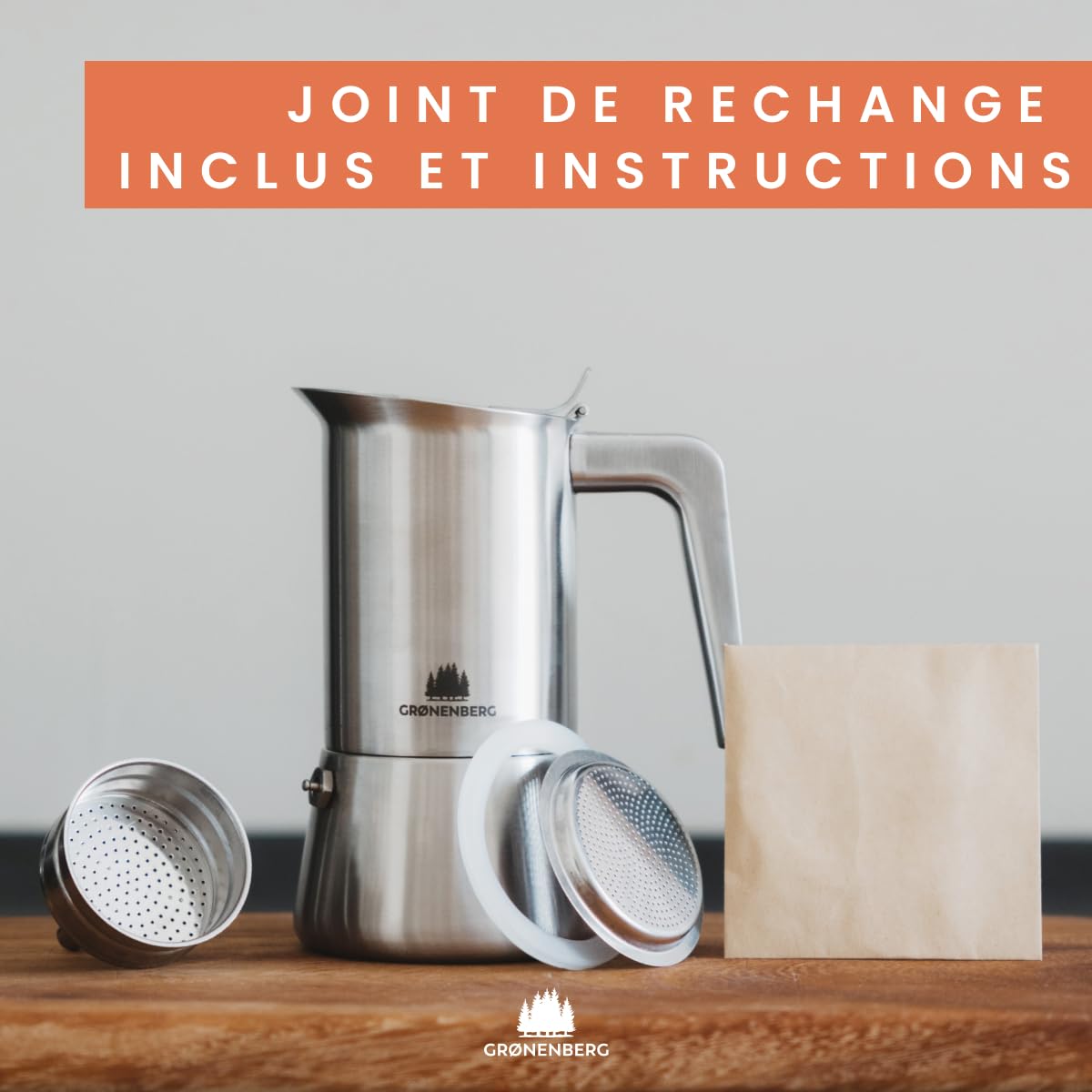 Groenenberg Cafetiere italienne induction 300ml | Cafetière italienne en acier inox avec filtre réducteur I Moka pour jusqu'à 6 tasses d'espresso