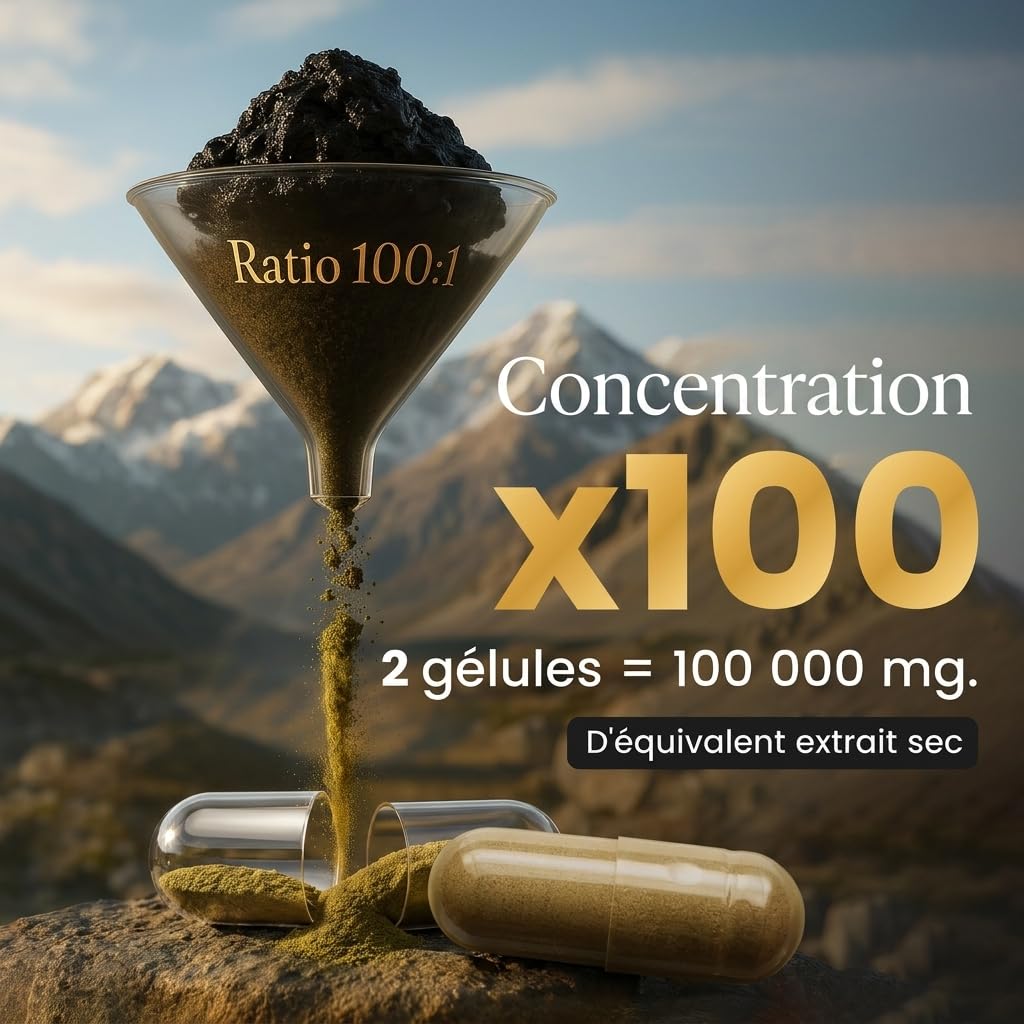 Shilajit Pure Gélules Concentré x 100 | Extrait Himalaya Purifié 100:1 | Shilajit Pur Certifié | Acide Fulvique 85 Minéraux Naturels | Testé en FRANCE| Complément Alimentaire 120 Gélules
