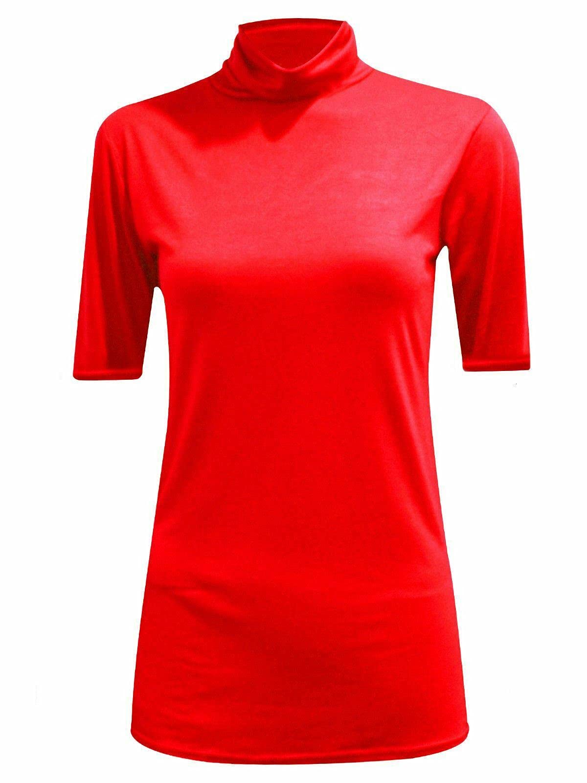 LUXE DIVA Womens Ladies Turtle Polo Neck Jumper Short Sleeve Top High Neck T Shirt Top Plus 8-26 Red