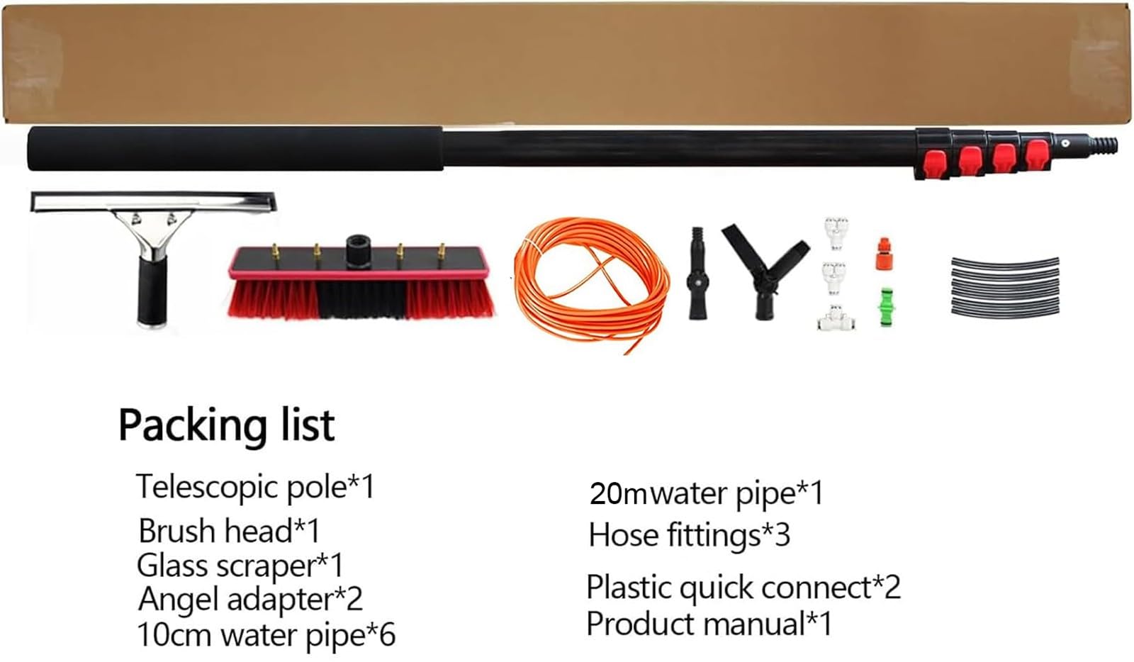 Cepillo TelescóPico para Limpieza De Ventanas con AlimentacióN De Agua Y Escobilla De Goma, Kit De Cepillo para Invernadero con Panel Solar Y Manguera De 20 M(6m/19ft&Head35cm)