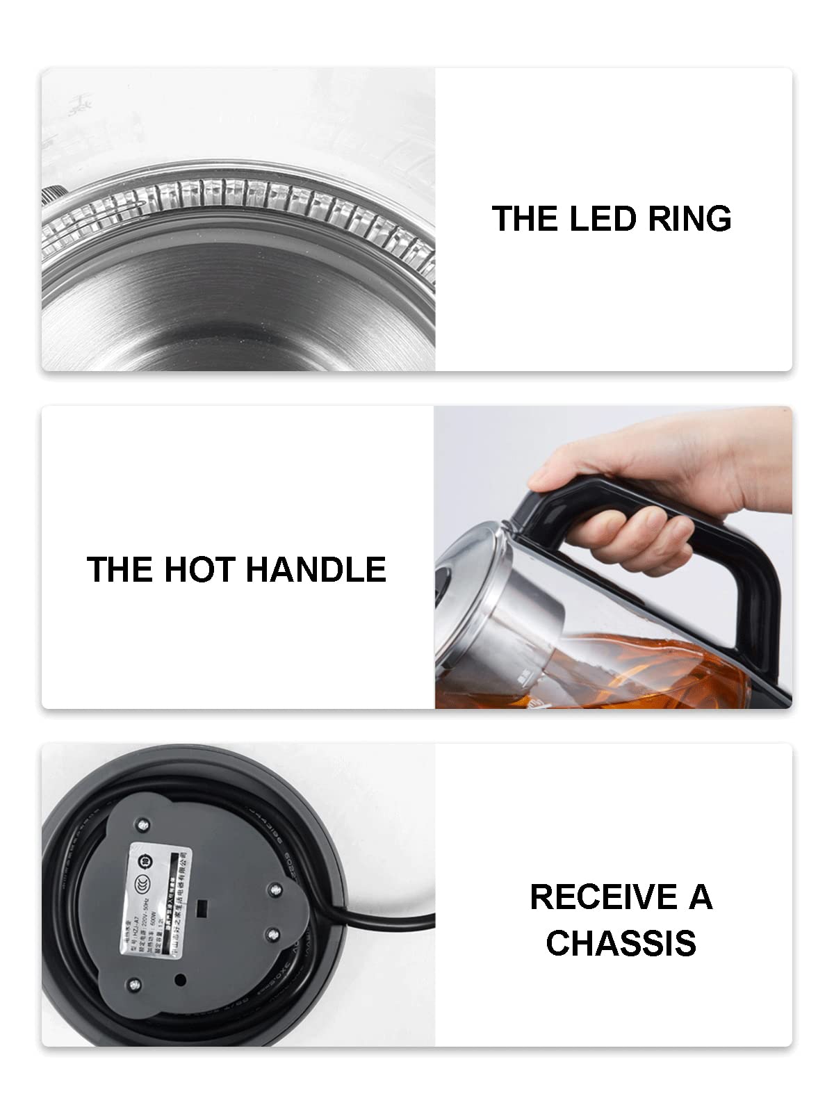 Hervidor eléctrico de agua de vidrio con luz indicadora LED, ebullición rápida de 1,2 L, tetera con función de mantener el calor, té de agua caliente, control de perilla/negro/negro