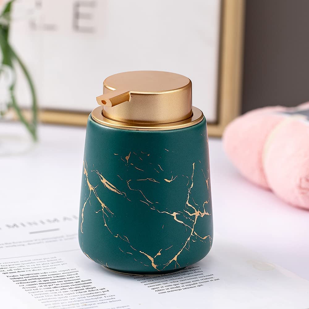 Luxury Ceramic Soap Dispenser (Luxe Green) - 400ml Wide Modern Refillable Lotion Shampoo Handwash Bottle Matte Green with Gold Marbling Premium Countertop Accessory for Bathroom, Kitchen & Wash Basin