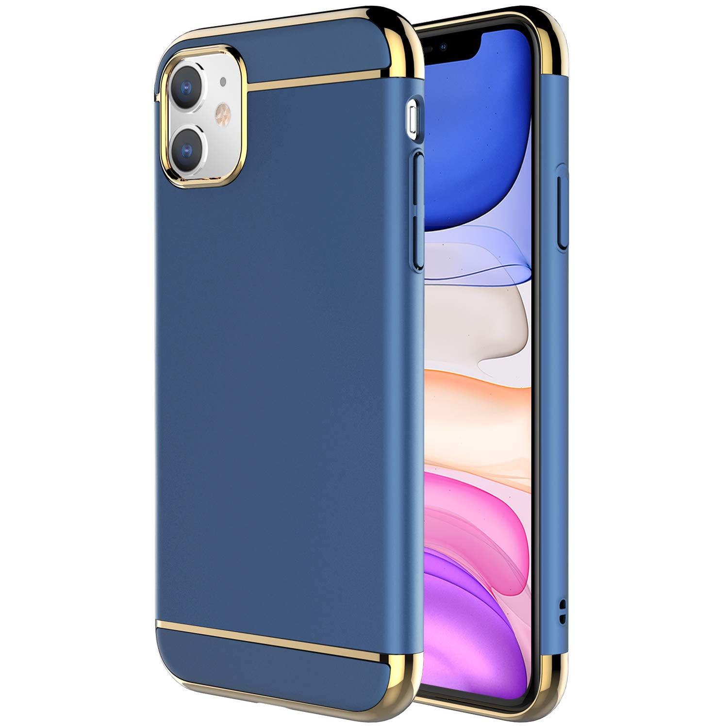 RORSOU 11 Case, 3 in 1 Ultra Thin and Slim Hard Case Coated Non Slip Matte Surface with Electroplate Frame for iPhone 11 (6.1")(2019) - Blue and Gold