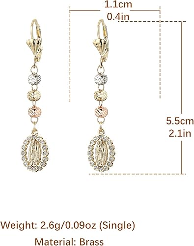 Vista 5 de HZMAN Aretes colgantes chapados en oro de 14 quilates para mujer, hipoalergénicos, circonita cúbica de Nuestra Señora de Guadalupe, regalo