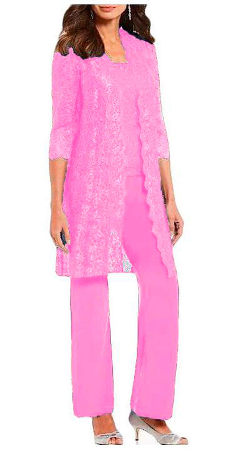 3 PC Mother of The Bride Pants Suit for Wedding Long Lace Jacket Chiffon Women Outfits for Prom Evening Hot Pink UK20
