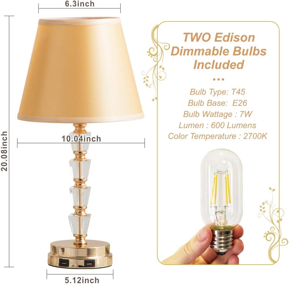 Exclusive Discount 60% Price ZEEFO Touch Table Lamps,Golden Lampshade & Crystal Pole Modern Design Dimmable Nightstand Lamp with Dual USB Charging Ports Bedside Table Lamps Include Two Edison LED Bulbs Ideal for Bedroom(Set of 2) ❤ Crazy Deals ZEEFO Touch Table Lamps,Golden Lampshade & Crystal Pole Modern Design Dimmable Nightstand Lamp with Dual USB Charging Ports Bedside Table Lamps Include Two Edison LED Bulbs Ideal for Bedroom(Set of 2)