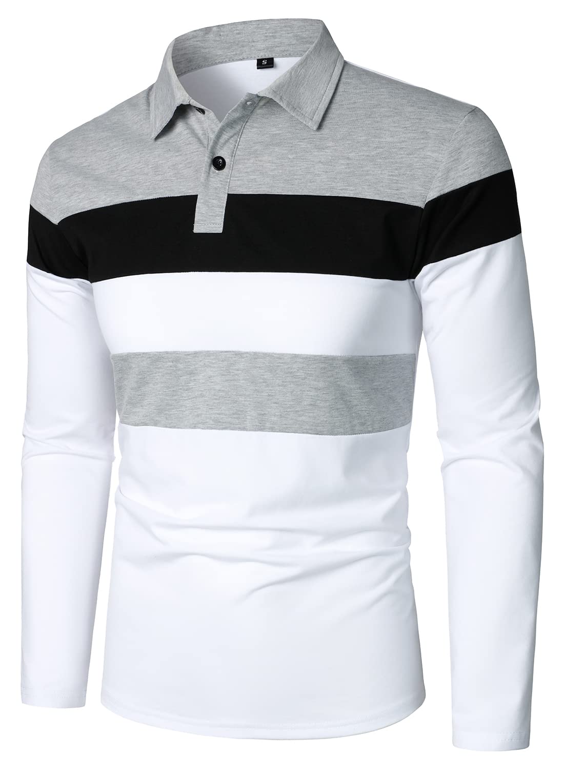 Mens Long Sleeve Shirts Fashion Color Block Striped Polo Shirt