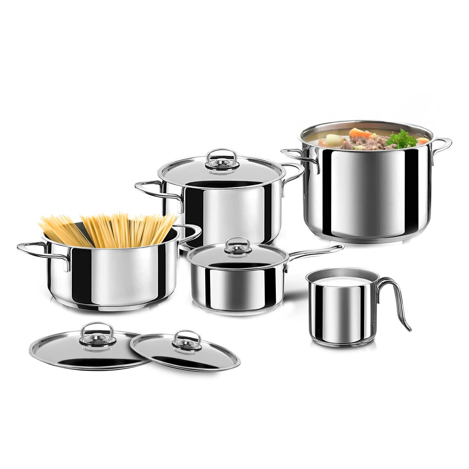 Avilia Batteria di 9 Pentole in Acciaio Inox - Set di Pentole con Casseruole e Coperchi in Vari Diametri, Adatti per Tutti i Piani Cottura