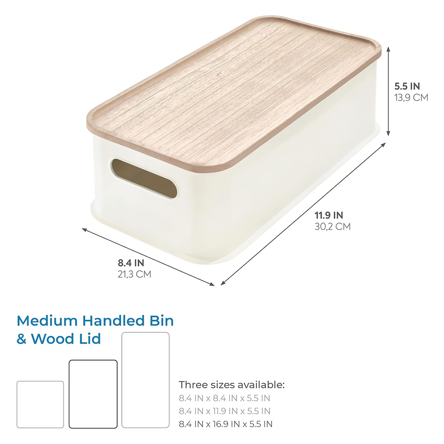 iDesign Eco Bin Organizer Bagno con Coperchio, Cestino Bagno di Dimensioni Medie con Manici in plastica Riciclata Senza BPA, Portaoggetti Bagno in Legno di Paulownia, Bianco