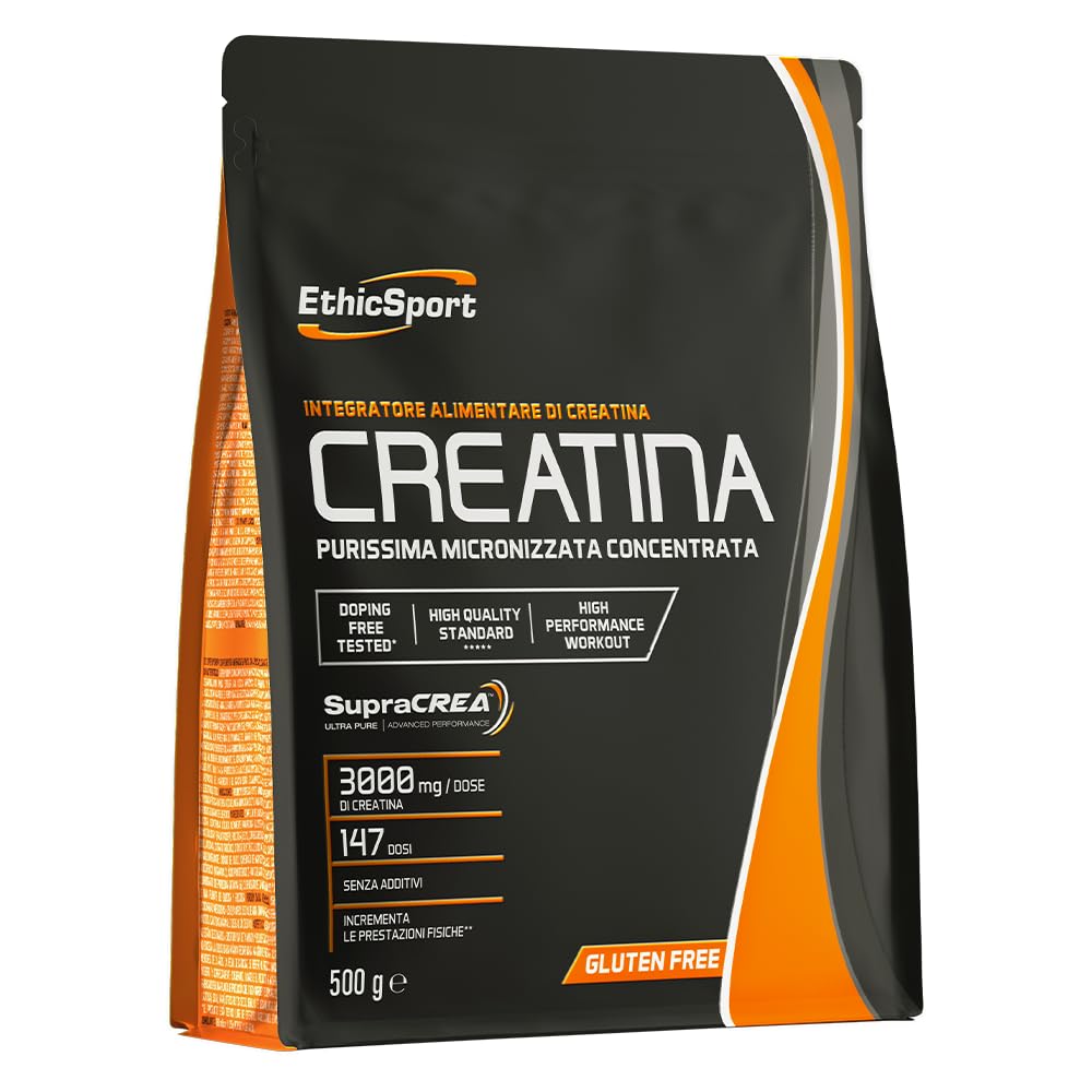 EthicSport CREATINA – Creatina monoidrato pura in polvere con SupraCREA™ – Incrementa le prestazioni fisiche in attività brevi e intense – elevata purezza, senza additivi – vegan, gluten free – 500 g