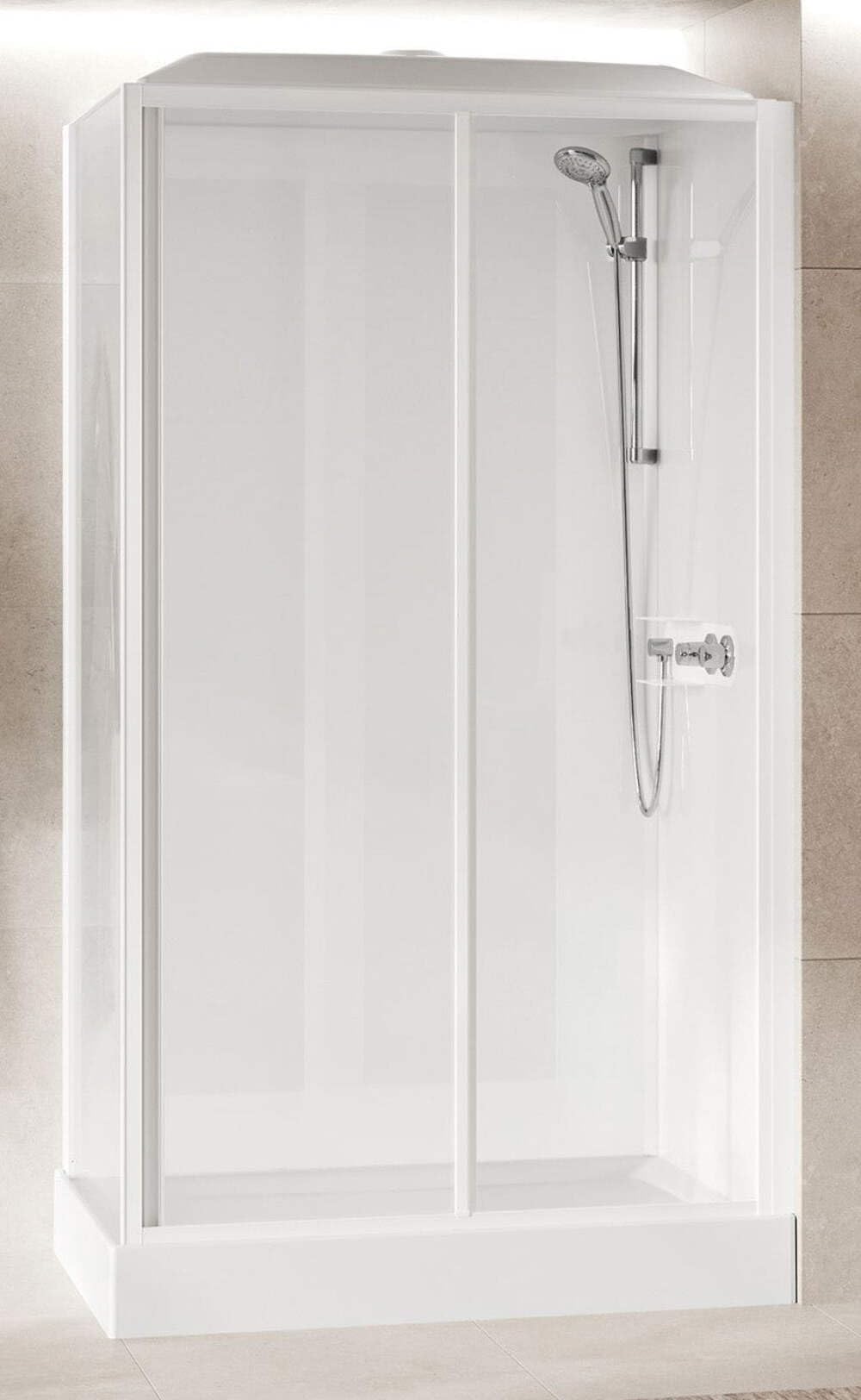 Novellini Media Glass 2P Standard Techo Alcachofa 120 x 80 cm Cabina ducha multifunción Apertura 1 puerta corredera reversible mezclador mecánico cristal transparente perfil blanco altura 226 cm