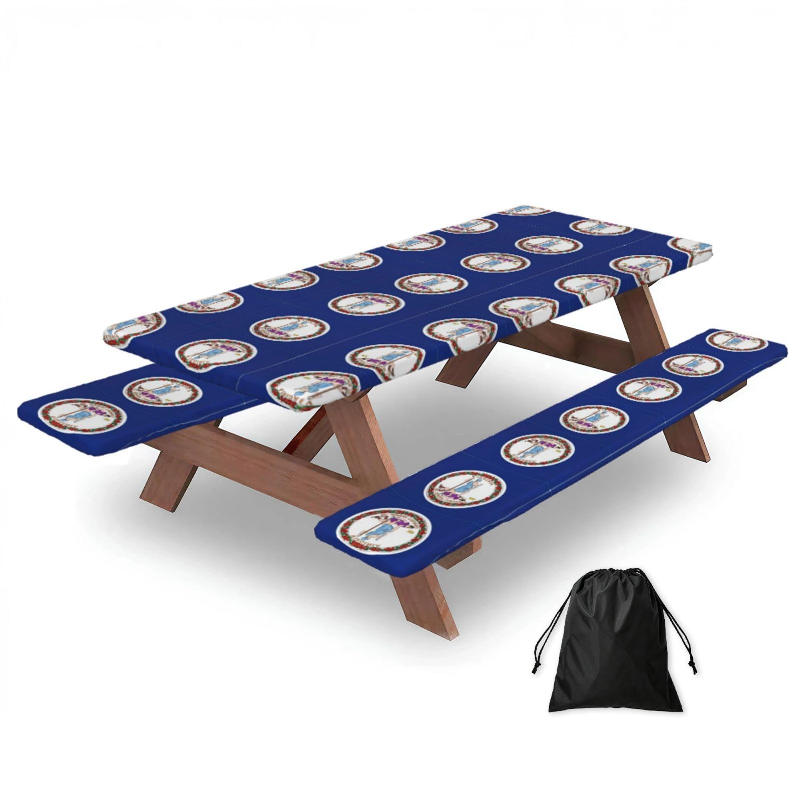 Yqxwjl Black Virginia State Flag Print Camping Essentials Waterproof Camping Table And Bench Cover With Drawstring Bag 183 Cm