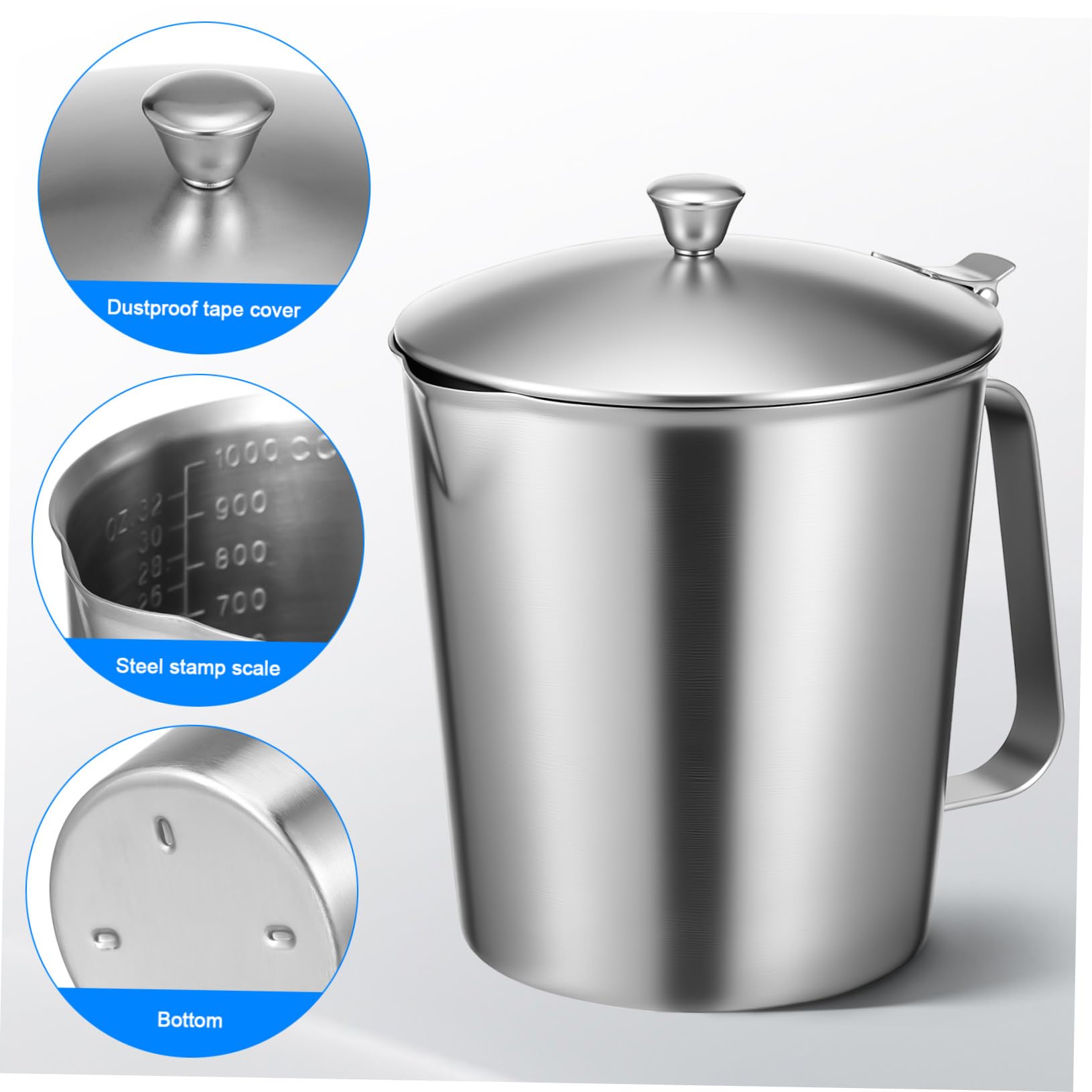 TOYANDONA Messbecher aus Edelstahl 1000 Ml mit Deckel für Präzises Messen und Latte Art Milchkännchen mit Glattem Eleganten Design für Kaffeezubehör und Partys