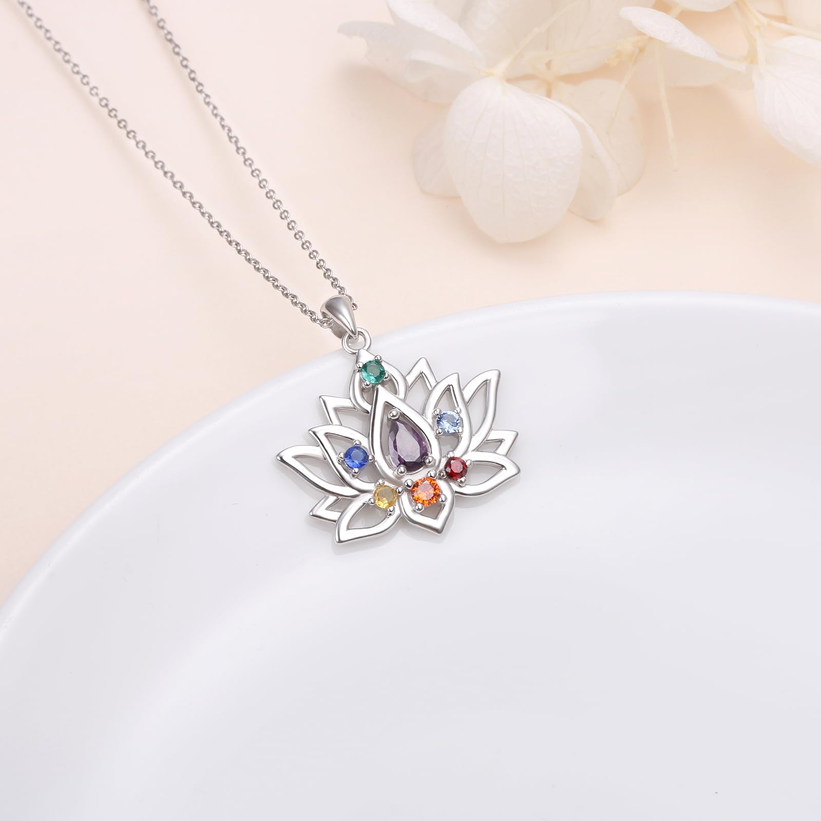 Flyow Juego de joyas Lotus Chakra de plata de ley 925 con 7 chakras, pendientes y collar de yoga, flor de loto, regalo para mujer, 0,87*1,03 Zoll, Plata esterlina