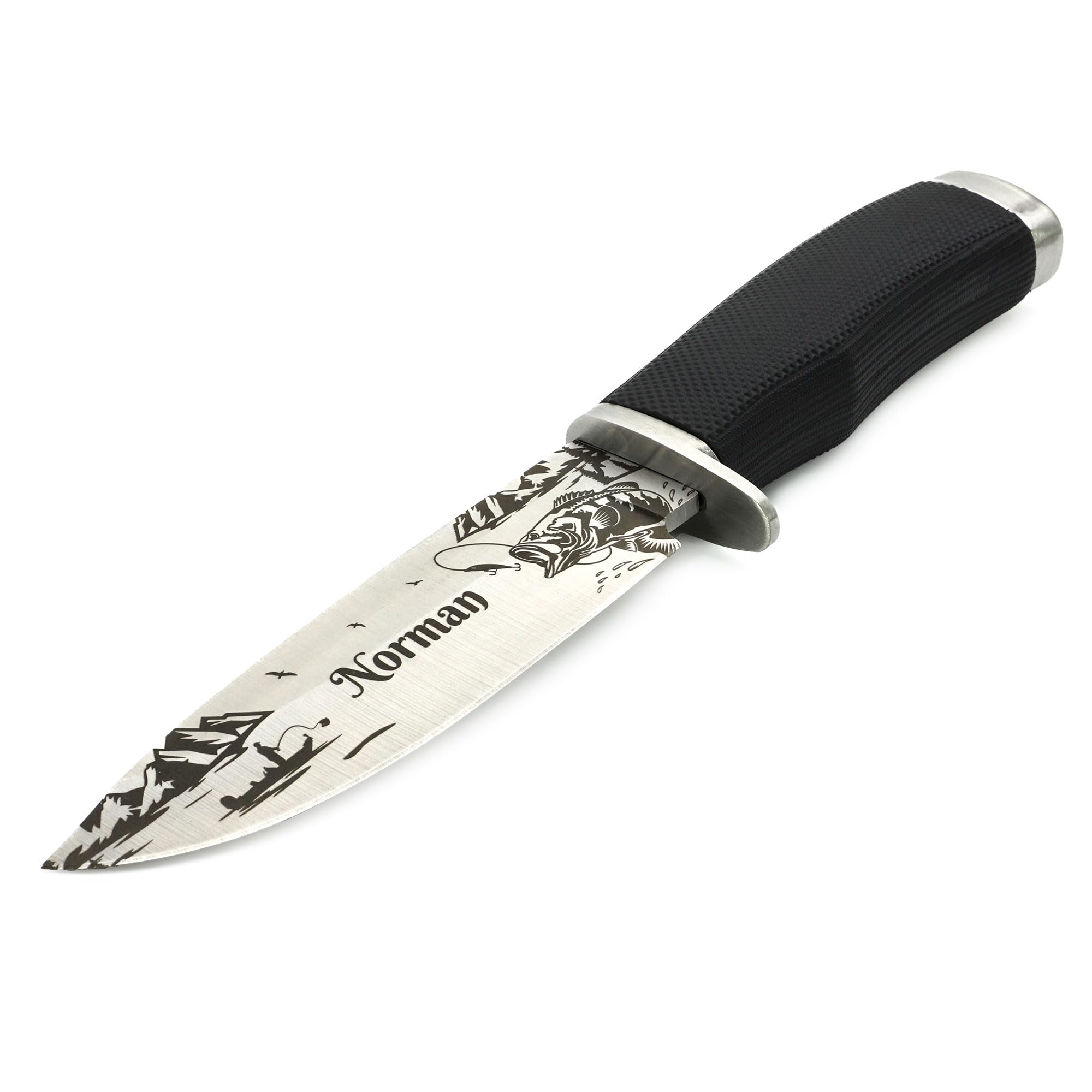 ADAM WILD Angelmesser mit Gravur | Angelzubehör & Geschenk für Angler | Personalisiertes Anglermesser mit Name & Motiv graviert | gummierter Griff & Messertasche aus Nylon | für Angeln & Outdoor