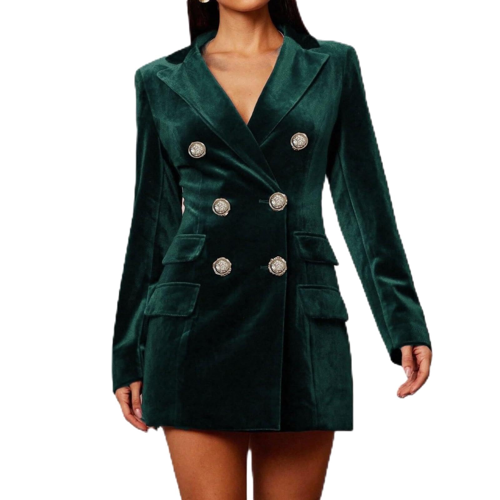 Velvet Blazer Dress for Women Velvet Fuzzy Panel Double Breasted Blazer Dress Business Casual Notch Lapel Formal Gown