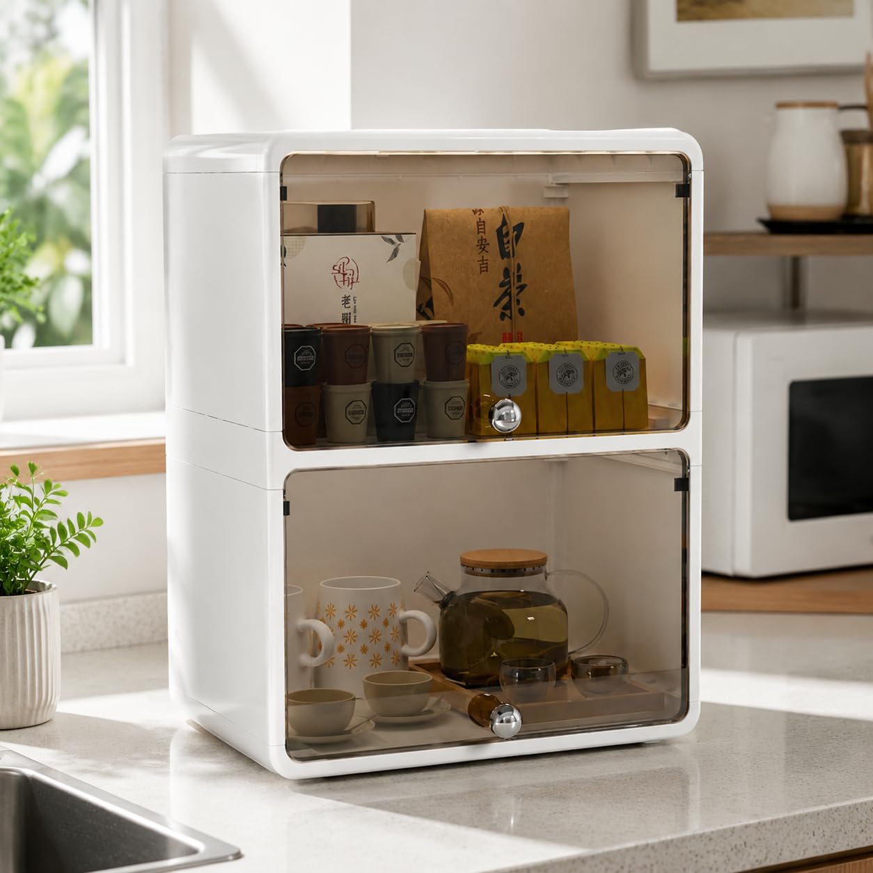 Dispenser Biceri Famiglie con Cassetti, Antipolvere per Tazze da Caffè e Tè, Grande Capacità, Bianco Trasparente