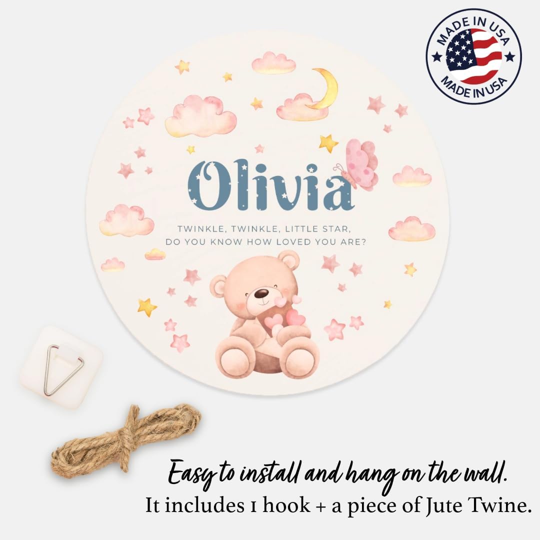 Generic Personalized Wooden Name Wall Sign for Nursery, Soft Pastel Colors, Eco-Friendly, Custom Made in USA, Crib Accessory, 6-12 inches (8"" diameter), pink