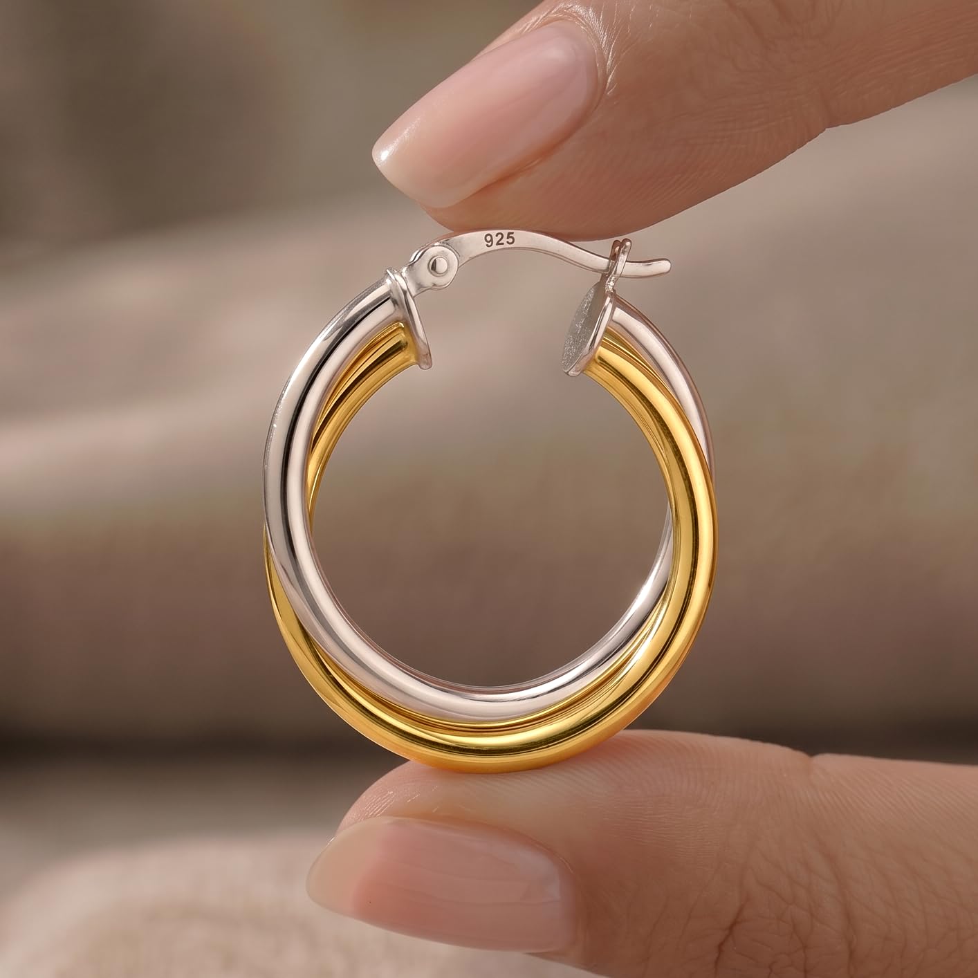 LeCalla Sterling Silber Schmuck Zwei-Ton-Drei-Ton Verflechtung Oval & Runde Form poliert klobige Reifen Ohrringe für Frauen