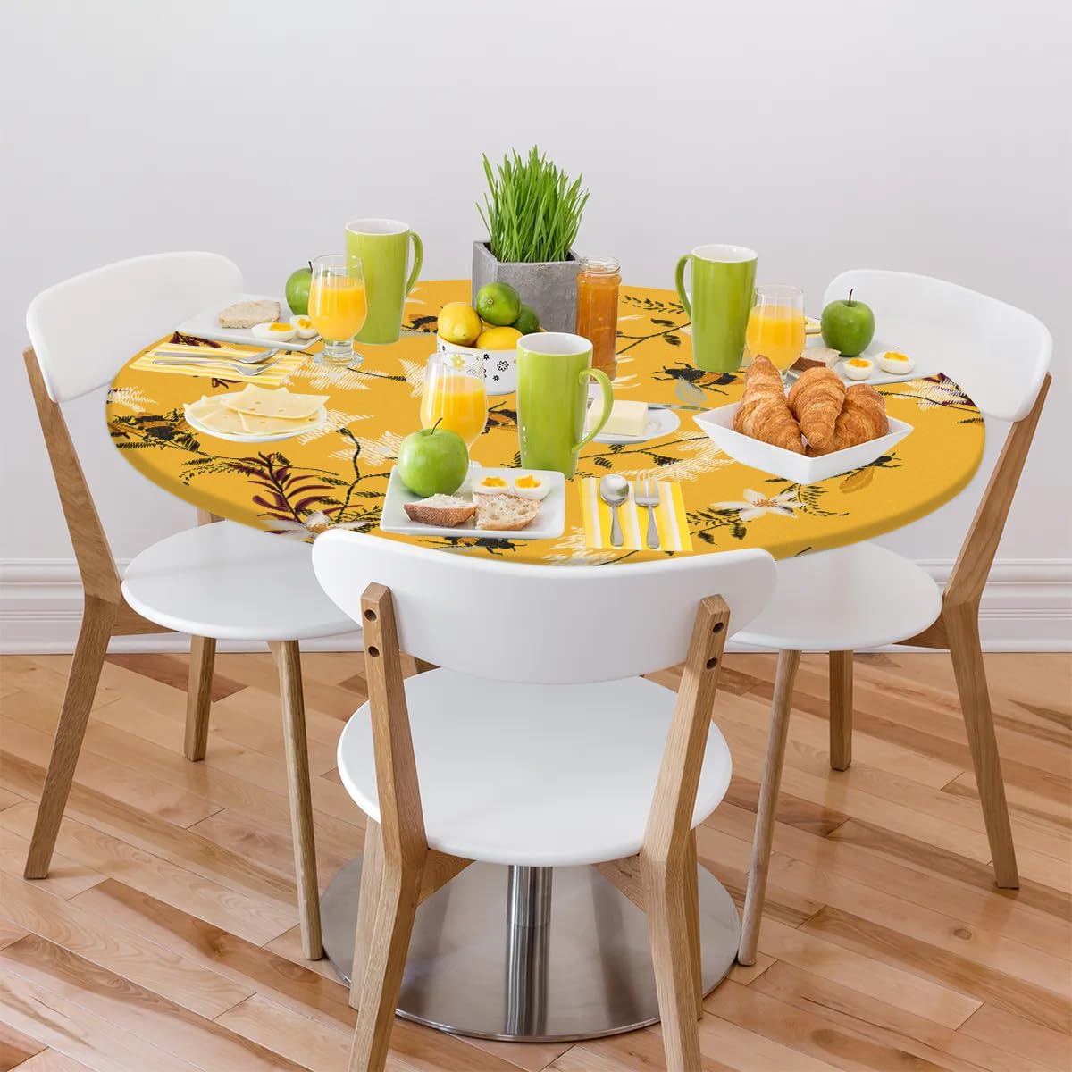 AUUXVA Bee Flowers Round Tablecloth with Elastic Edge Tablecloth Spill Proof Washable Table Cover for Kitchen Dining Party Outdoor Decor Fits Up 45-56 inch