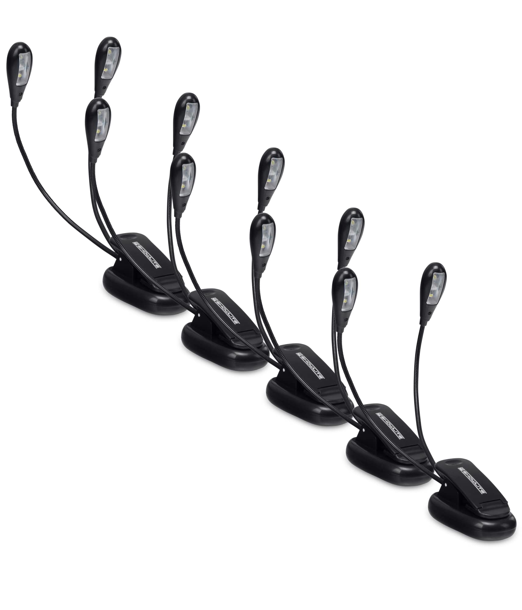 Showlite 5er Set Bright Light 4 LED Notenpultleuchte (4 lichtstarke LEDs, 2 Helligkeitsstufen, Befestigungsklammer, universell einsetzbar, lange Lebensdauer, inkl. Batterien) Schwarz