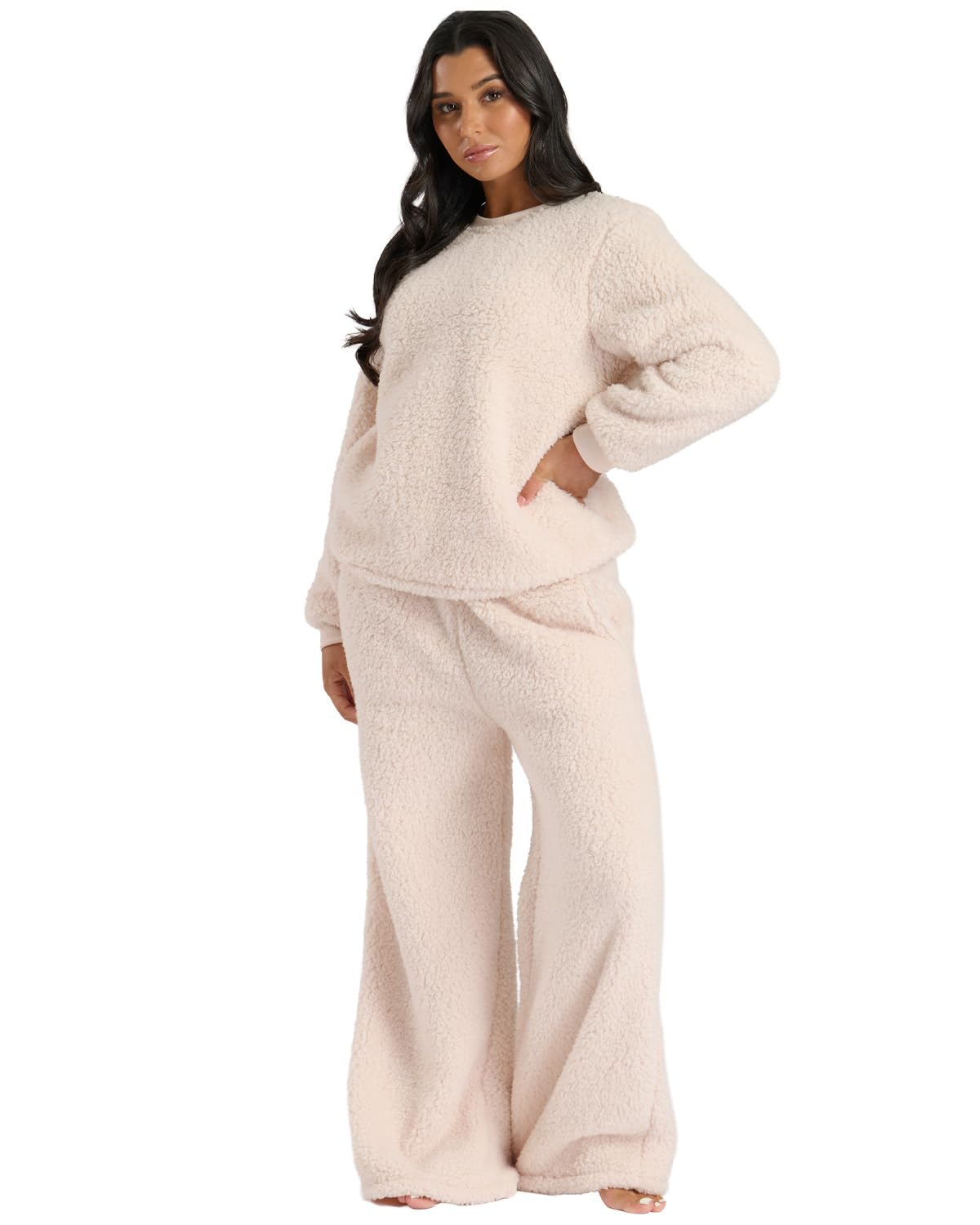 Slumber Hut Ladies Borg Jumper & Wide Leg Lounge Set 794087 Cream L