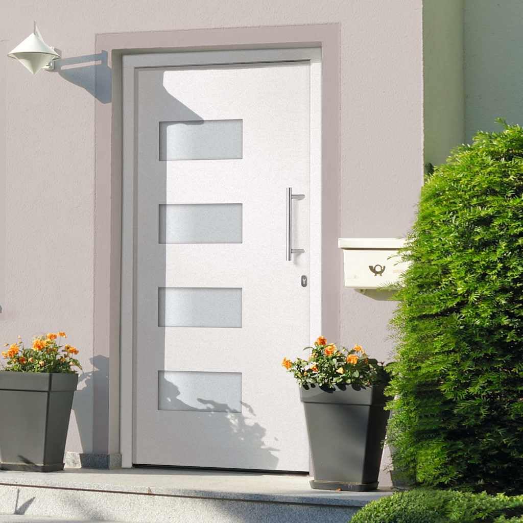 Haustür Aluminium und PVC Weiß 100x200 cm, Sicherheitstür mit 5-fach Verriegelung, Wärmedämmung, Schallschutz, Isolierverglasung, inklusive Zarge, Rahmen, Schloss, ideal für Neubau