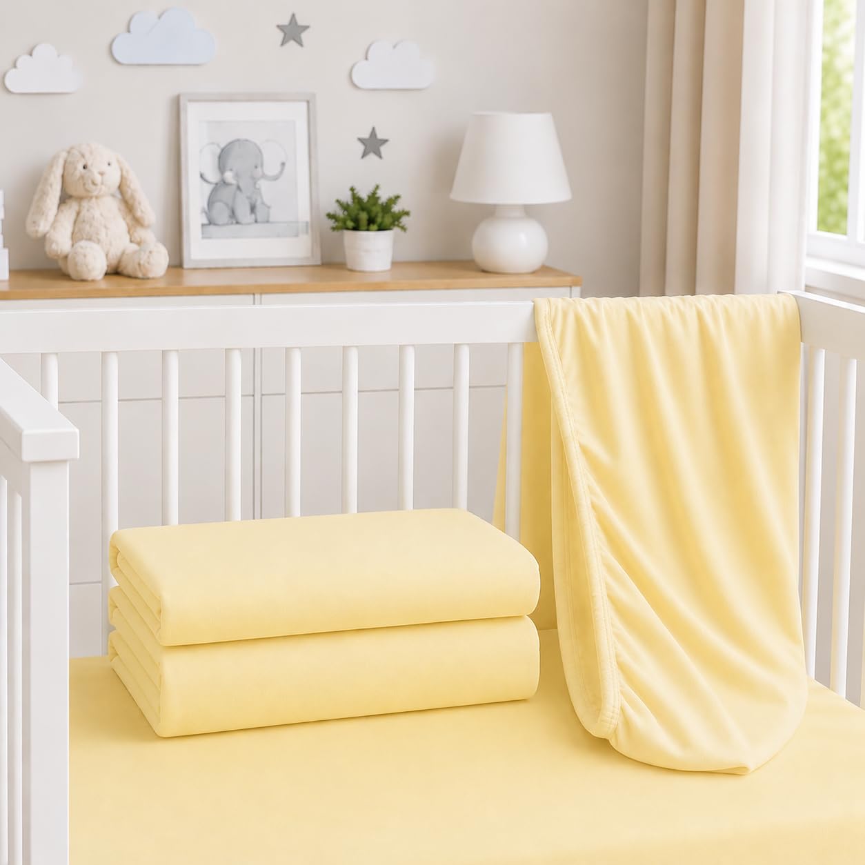 BABYMAM 2 Pack Cot Sheets 100% Jersey Organic Cotton 120x60cm Fitted Sheet Bedding Baby Bed Soft Breathable (Yellow)