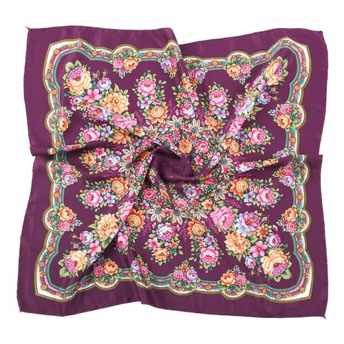 Floral Print Square Scarf, Russian Style Cotton Neck Scarves, colors such as black, red, purple, etc