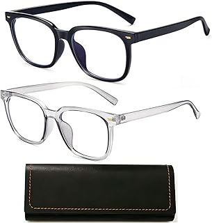 Blue Light Blocking Glasses for Men and Women, Fashion Square Eyeglasses, Anti Eye Strain UV Protection Computer Glasses, Ideal for Daily Work, Black and Transparent Gray