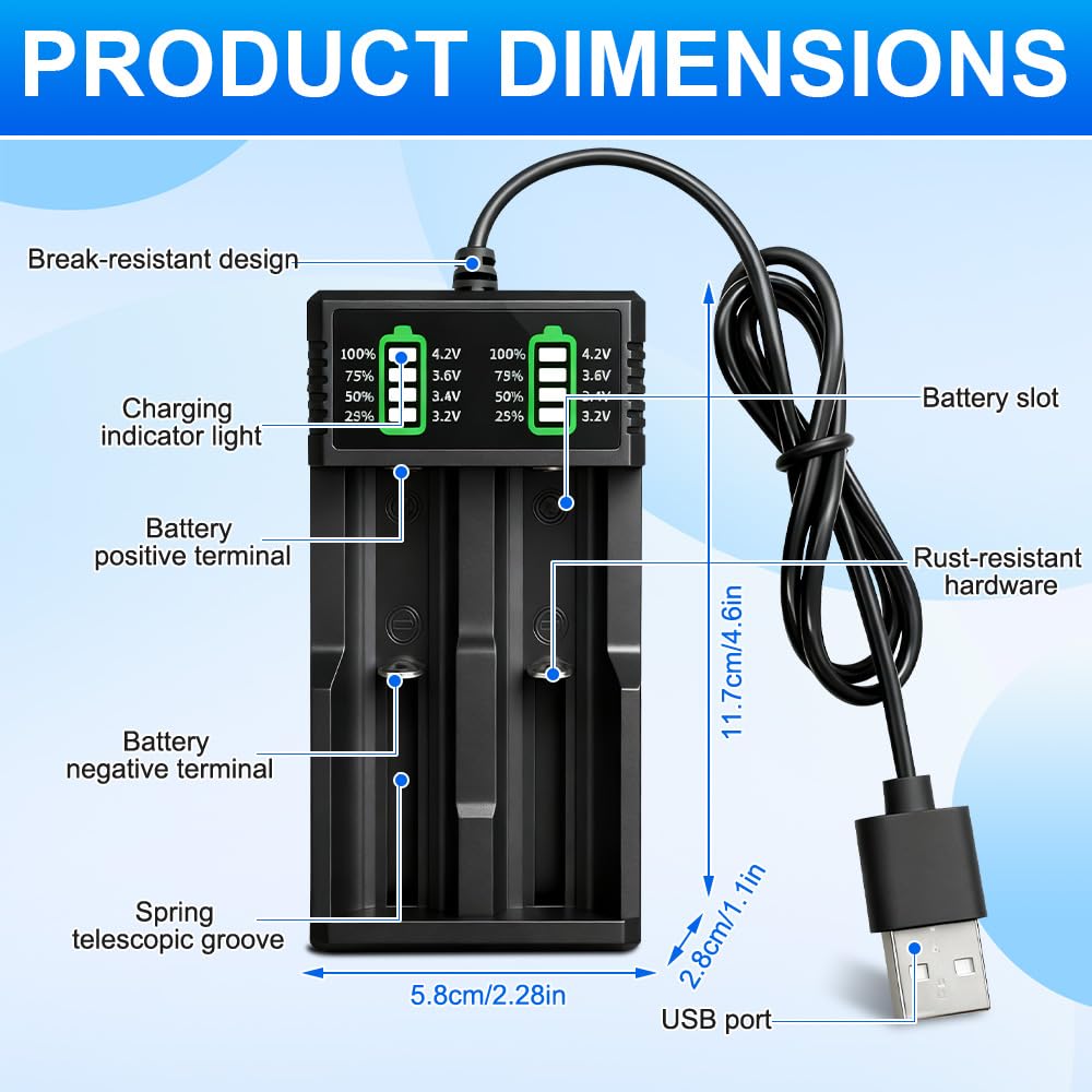 Battery Charger Set with 2 Pack 3.7V 2200mAh Battery Button Top Li-ion, 2-Bay 3.7V, Li-ion Rechargeable Batteries for 18500 21700 26650 14500 16340 10440 18650 (2 Pack) — view 2