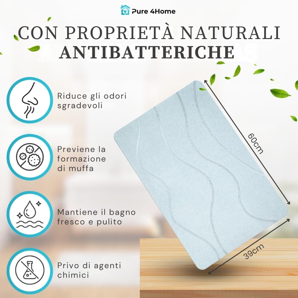 Besttoolifes Tappetino da bagno in pietra di diatomite, antiscivolo, ad asciugatura rapida, assorbente, 60 x 40 cm, per cucina, lavanderia, corridoio