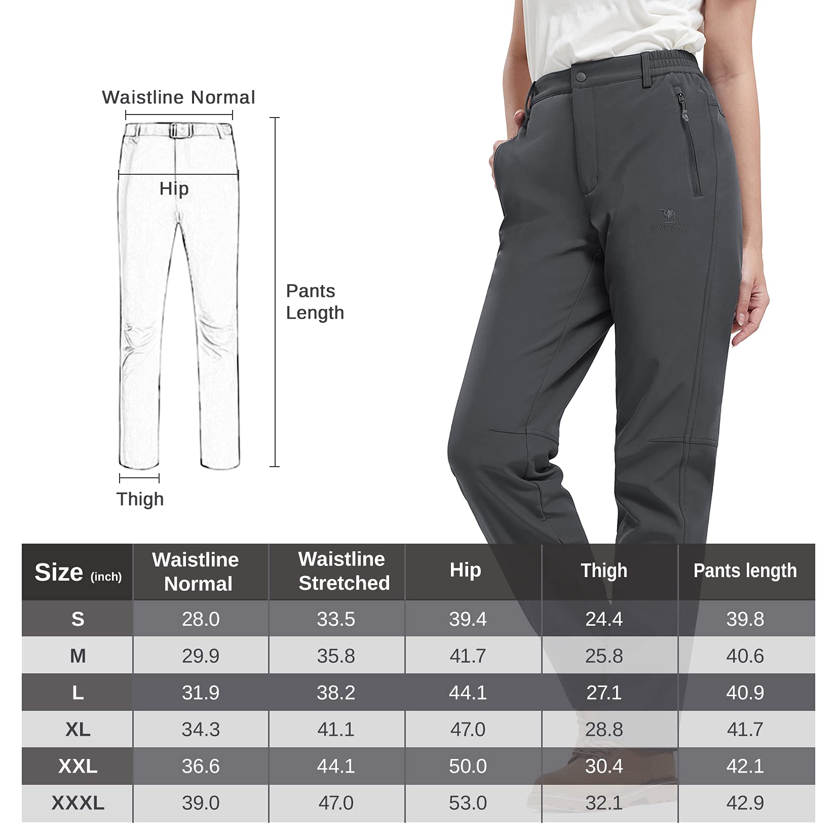 CAMEL CROWN Womens Softshell Pants Fleece Lined Waterproof Windproof Ski Snow Insulated Hiking Hunting Trousers (Dark Grey, S)