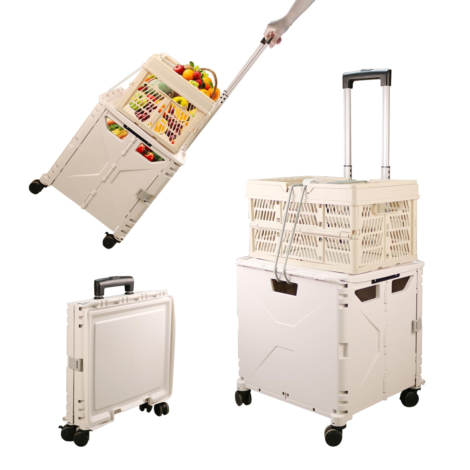 Floatlive Folding Utility Cart with Folding Basket Storage Box, Portable Rolling Crate for Shopping Trolley Collapsible Tool Box, 50L Groceries