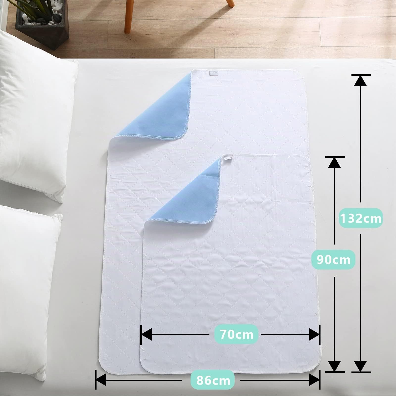 2 Stück Inkontinenzunterlage Waschbar 86 × 132 cm Saugvlies Matratzenauflage wasserdicht und waschbar, Blau-weiß