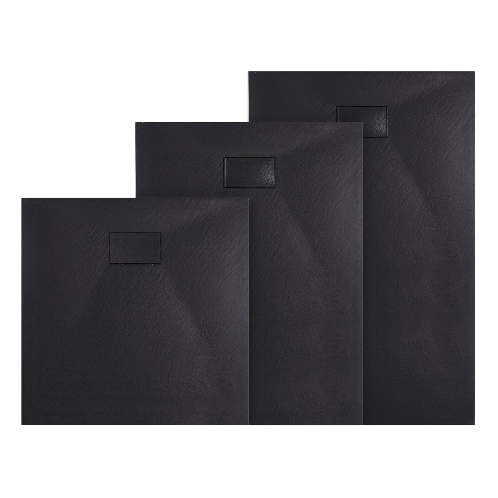 EMKE Plato de ducha 90 x 90 cm, plato de ducha plano SMC antideslizante, color negro, altura 2,6 cm, aspecto de piedra, desagüe 90 mm