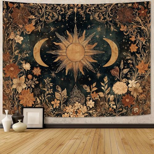 Gruaoihy Vintage Sun and Moon Tapestry, Retro Aesthetic Floral Wall Hanging for...