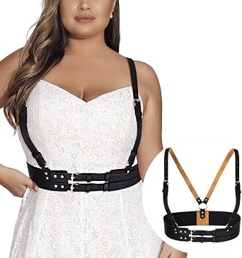 BODIY Plus Size Leather Harness Belt Wide Waist Belt PU Black Harness Punk Belts Halloween Rave Accessory for Women