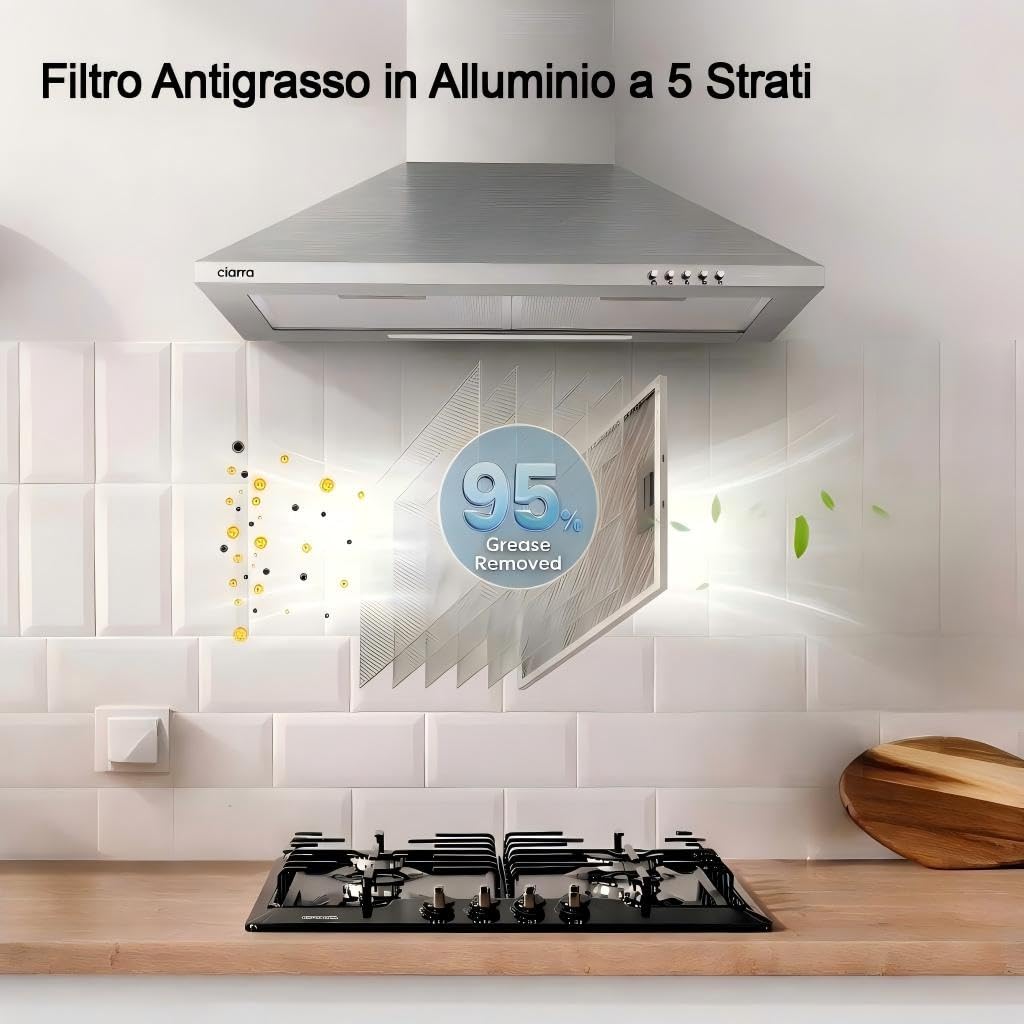 CIARRA Cappa Aspirante 60 cm, 370 m³/h, Scarico/Ricircolo, CAS6201A | 3 Velocità,Cappa da parete,Silenziosa 62 dB,Acciaio Inox,Luce LED,Filtri carbone CBCF002X2 non inclusi