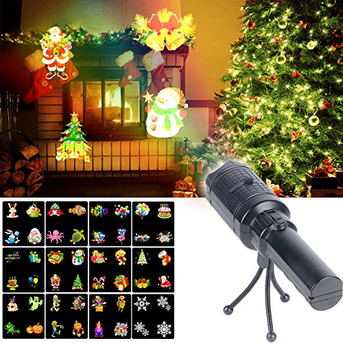 KMASHI Christmas Projector Lights, Battery Operated Projection Flashlight with 12 Changeable Pattern Slides