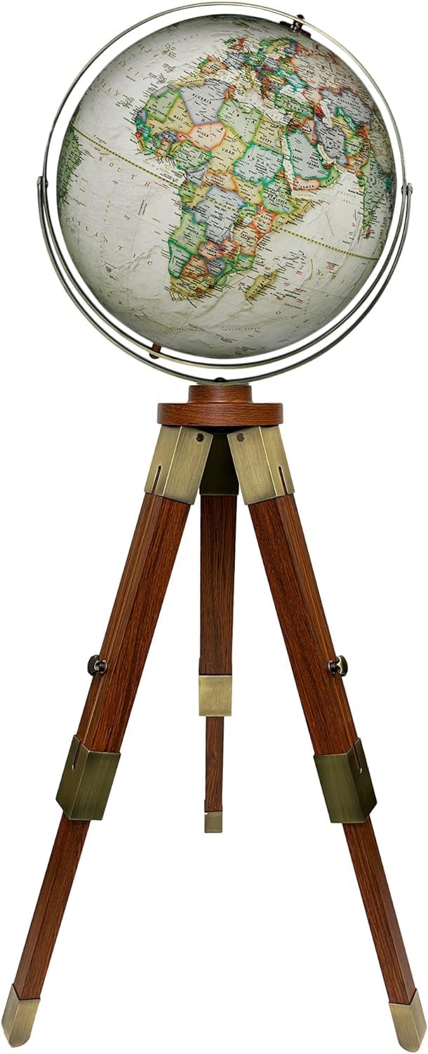 Antique Style Wood Tripod Floor Globe 16" with Brass Meridian and Adjustable Height