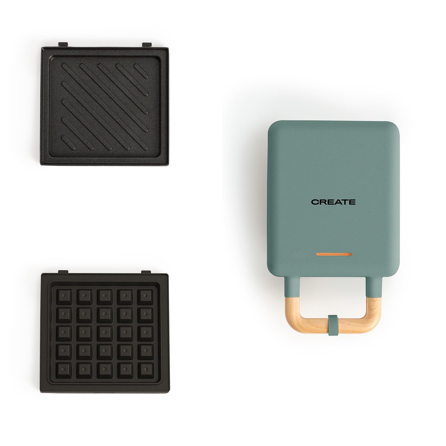 CREATE/STONE STUDIO/Sandwichera-Grill y gofrera individual verde sage / 2 placas intercambiables: Sandwich y Gofre, antiadherente, 1 rebanada, apertura 100º, autoapagado, asa tacto frío, 600W