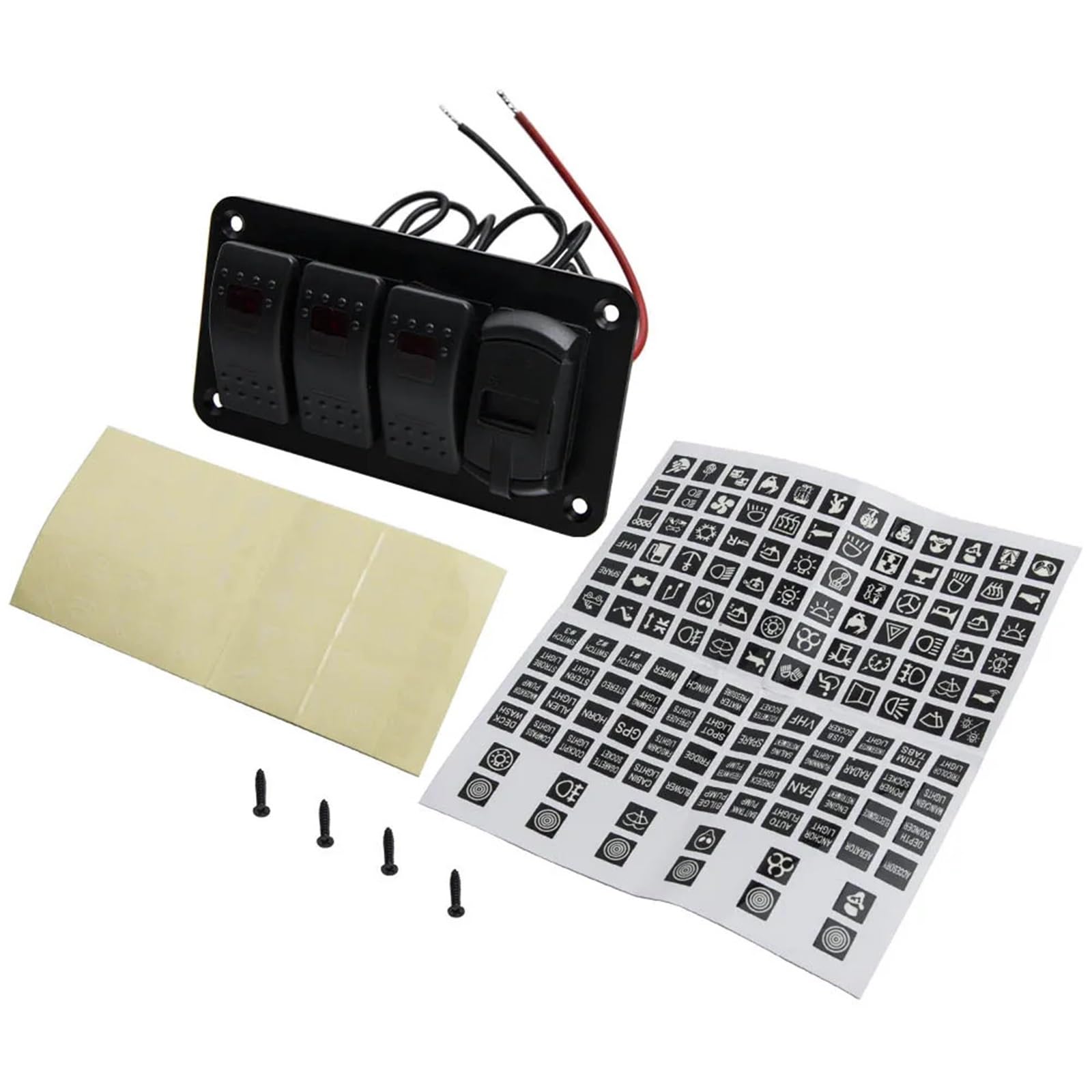 4-krotny panel przełączników kołyskowych z czerwoną diodą LED USB do samochodów, łodzi, kamperów, ciężarówek Motoryzacja łodzi