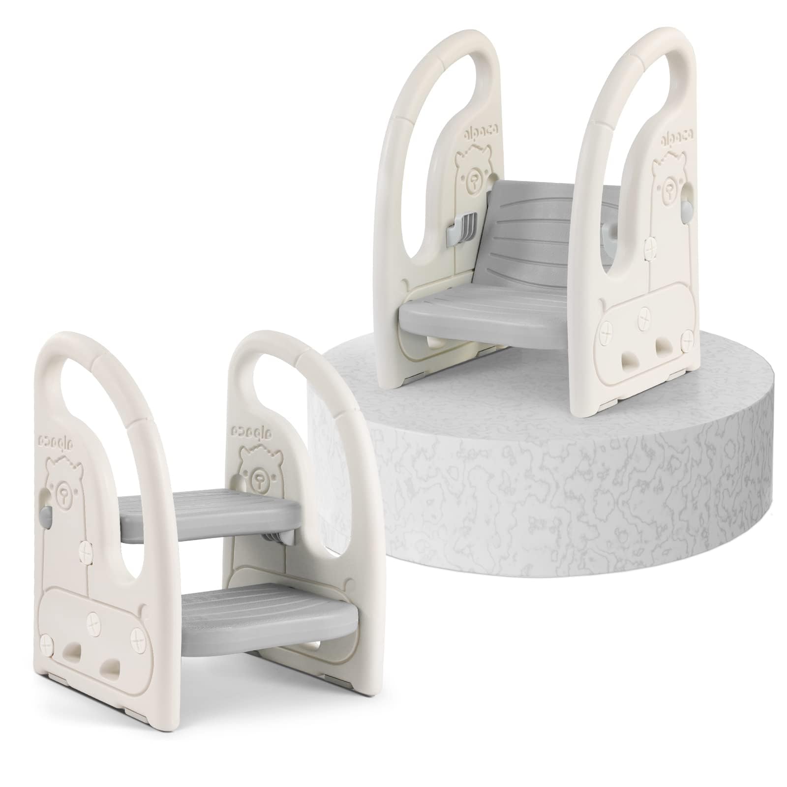 Onasti Sgabello a due gradini per bambini, Scaletta gradini, Sedile per Addestramento per WC, Multifunzione, Regolabile in Altezza, Con braccioli, Antiscivolo - Da 1.5 a 5 Anni circa