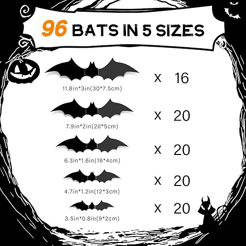Miniatura 3 de 96 piezas de murciélagos 3D de Halloween 2023 actualizados, 5 tamaños diferentes para decoración de Halloween, suministros de fiesta de bricolaje,