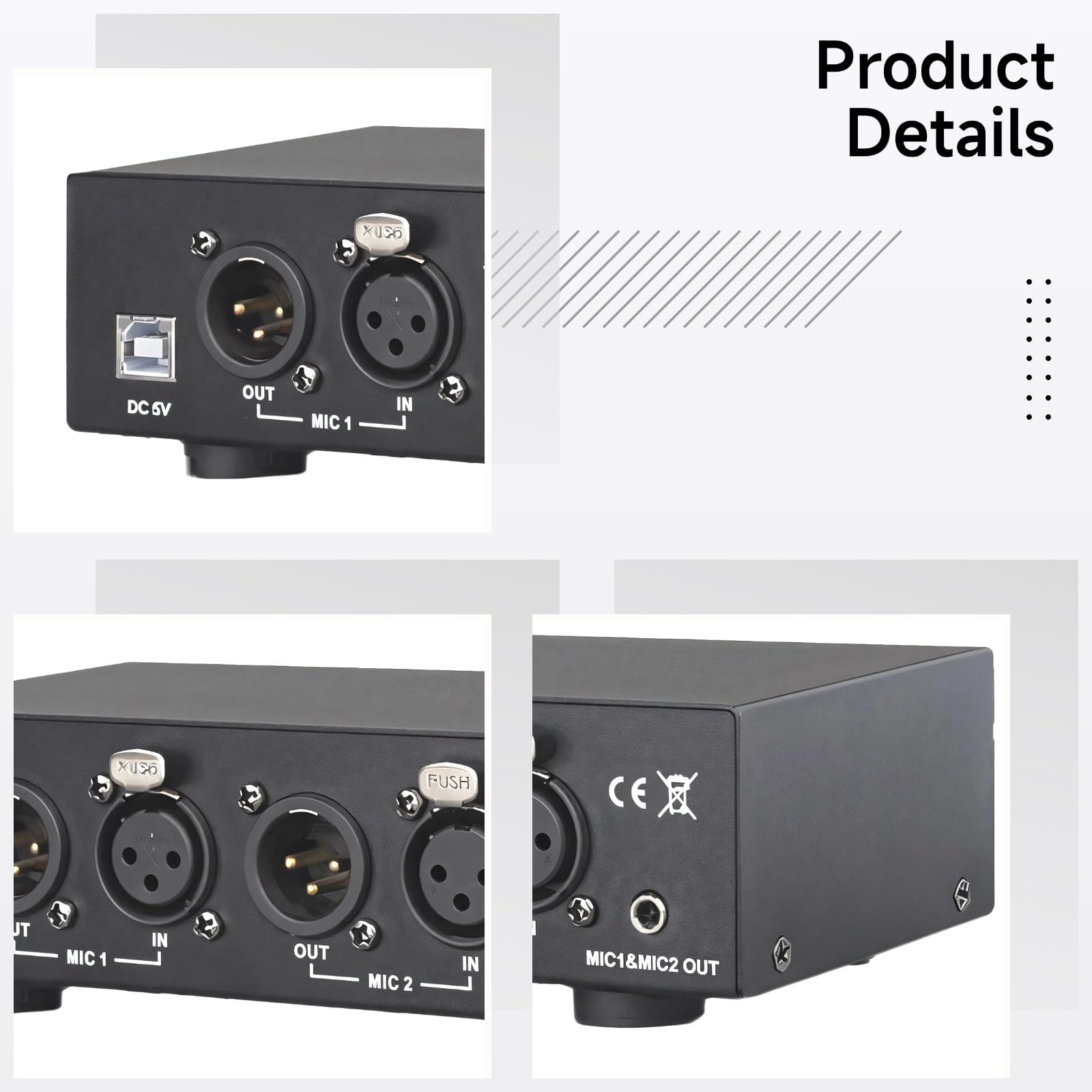 Phantom - Alimentatore per doppio microfono XLR, in acciaio inox, USB 5 V, 160 mm x 81 mm x 42 mm, include cavi audio e di alimentazione per uso broadcast