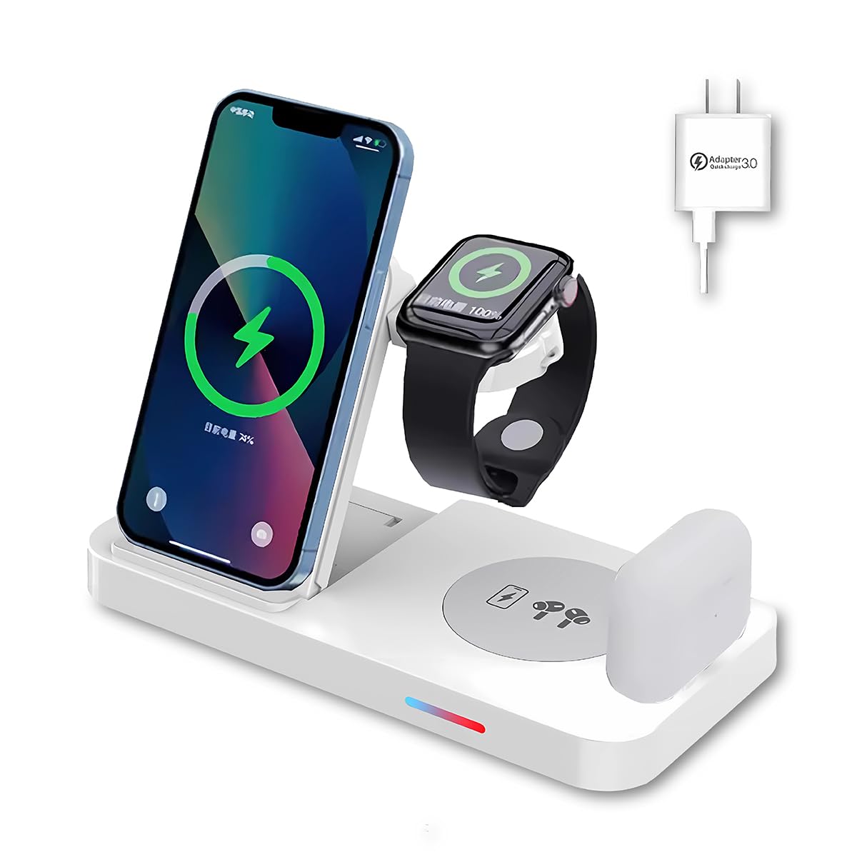 Wireless Charger, 4 in 1 Wireless Charging Station, Fast Wireless Charger Stand for iPhone 15 14 13 12 11 Pro Max XR XS 8 Plus, for Apple Watch 8 7 6 5 4 3 2 SE AirPods (white)