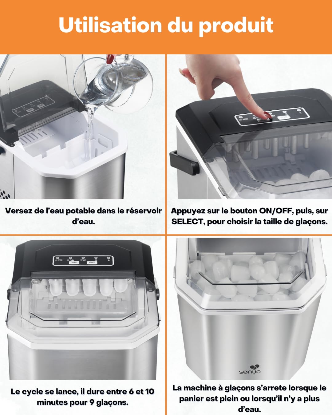 SENYA Macchina per cubetti di ghiaccio, 2 dimensioni di ghiaccio, fino a 12 kg in 24 ore, serbatoio 1,3 l, schermo a LED, rilevamento a infrarossi, acciaio inossidabile