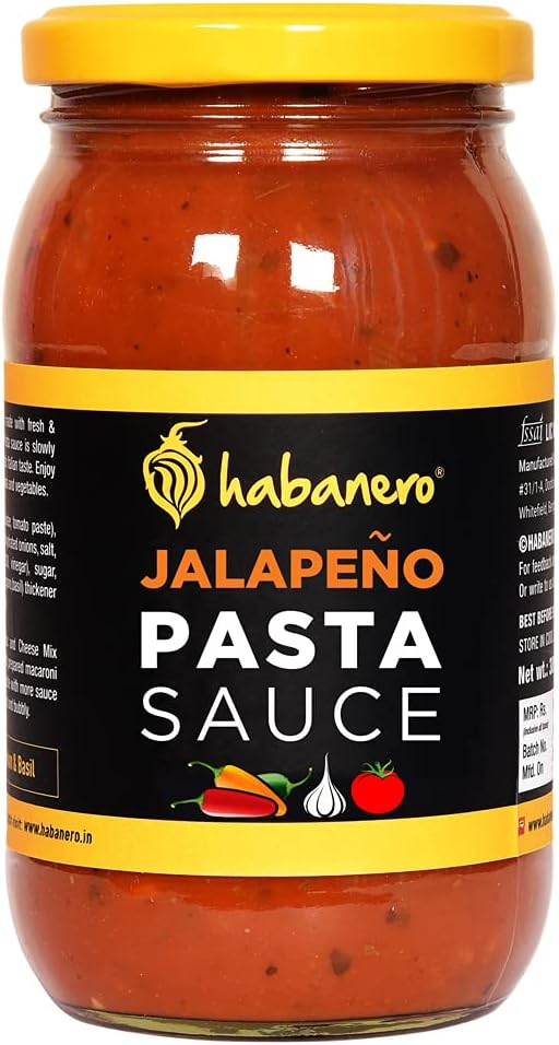 Habanero Jalapeno Pasta Sauce l Original Pizza Pasta Sauce l Ready to Eat Healthy Food l Gluten Free l 100% Vegan and Natural Ingredients l Made with Fresh Tomatoes and Fresh Jalapeno slices| Use with Cheese on Pizza Base | Enjoy with Penne, Spaghetti, Fusilli, Macaroni, Hakka Noodles, Rice Noodles or whole wheat pasta | 385G